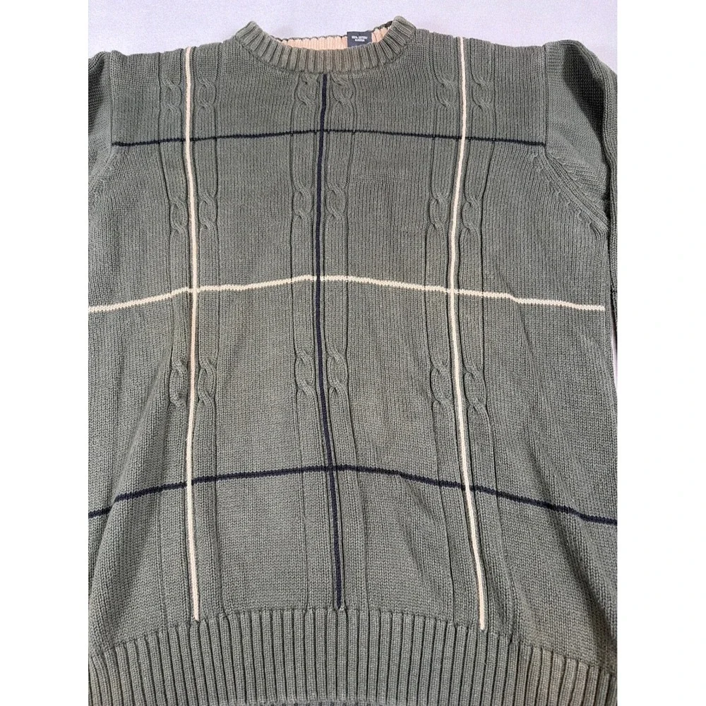 Grunge core Haggar Men Olive Green Cable Knit Cotton Crewneck Sweater Size Large